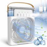 Portable Mini AC Cooler – Rechargeable, USB-powered air conditioner with 3-speed fan, evaporative water cooling, and easy-clean brush. Perfect for office, home, or summer use. Compact, quiet, and customizable with fun stickers!