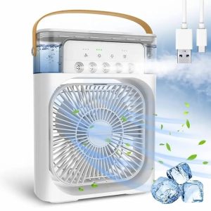Portable Mini AC Cooler – Rechargeable, USB-powered air conditioner with 3-speed fan, evaporative water cooling, and easy-clean brush. Perfect for office, home, or summer use. Compact, quiet, and customizable with fun stickers!