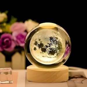 Ouvian Moon Crystal Ball Night Light – 2.4 Inch LED Glass Lamp with Wooden Base | Ideal Gift for Women, Men, Kids | Perfect for Home Décor, Birthdays, Valentine's Day & More"