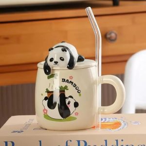 Ouvian 3D Panda Ceramic Coffee Mug – 420ml with Lid & Spoon | Cute Gift for Brother, Birthday, or Rakhi (White)