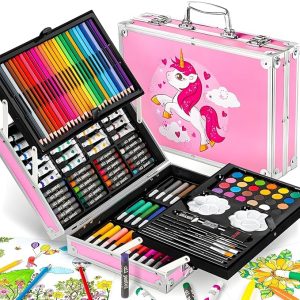 Ouvian 145 Pcs Unicorn Art Set for Kids – Drawing & Painting Kit with Oil Pastels, Watercolors, Pencils, Sketch Pens in Pink Unicorn Case